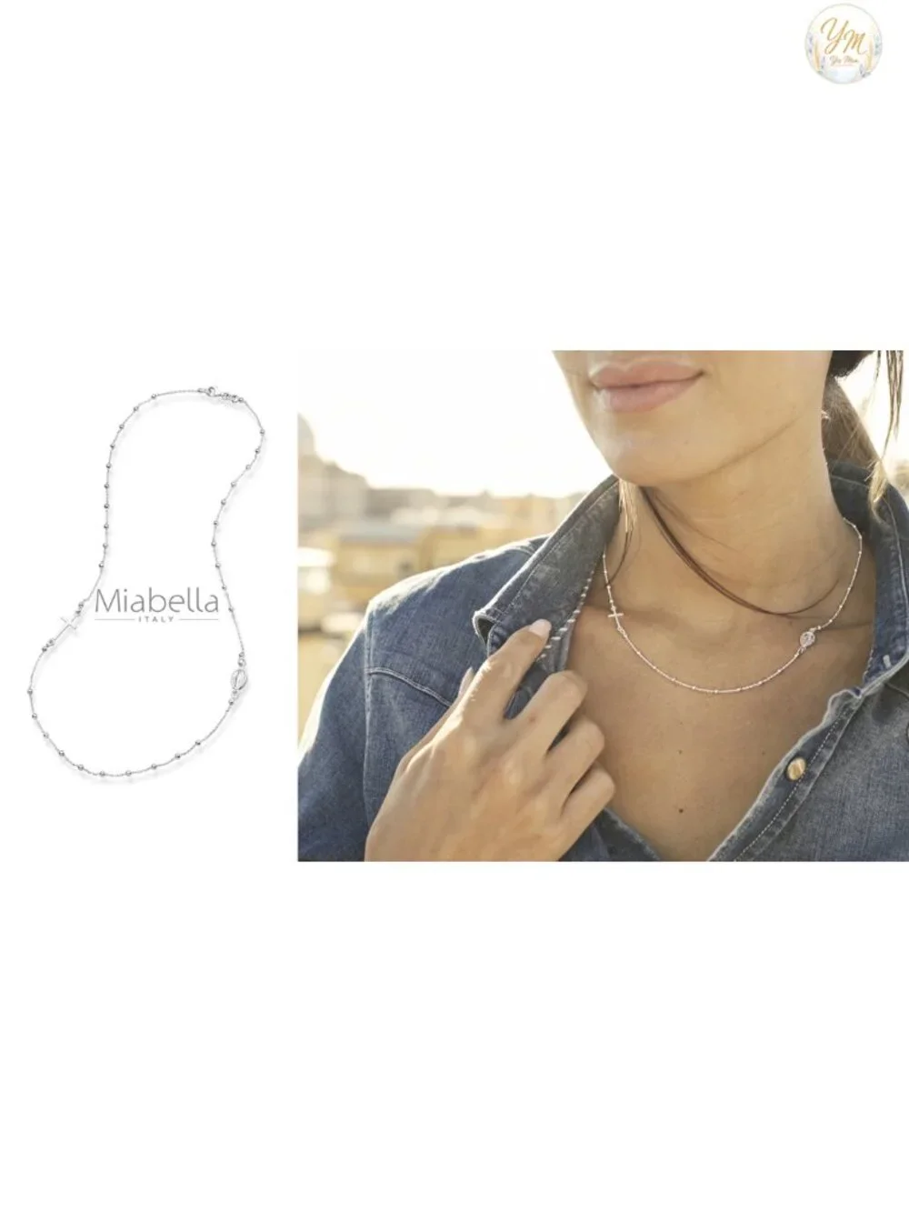 Sterling Silver Rosary Cross Necklace for Women, Dainty Italian Chain